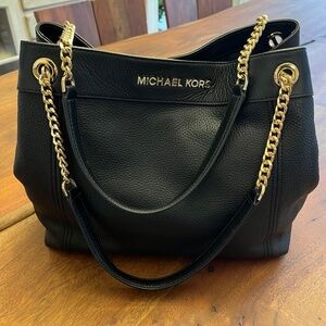 Michael Kors Large Black Leather Jet Set Purse with Gold-colored Chain